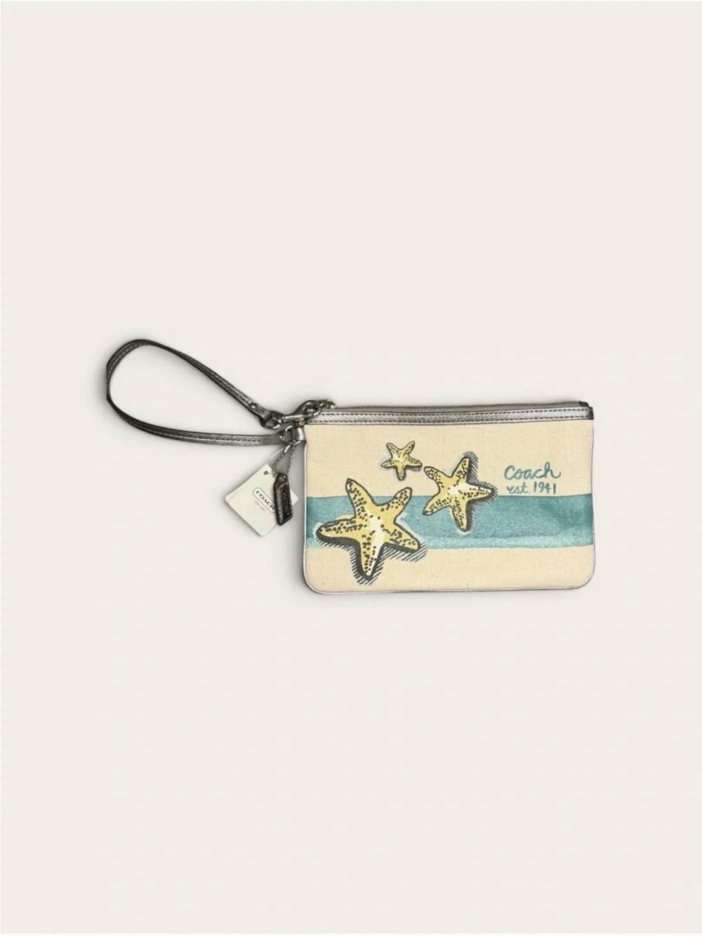 Coach Canvas Starfish Wristlet in Cream & Teal Stripe NWT